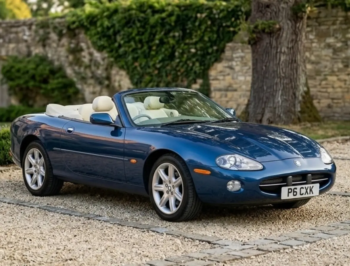 Blue Jaguar XK8 convertible parked on gravel in front of a country hotel
