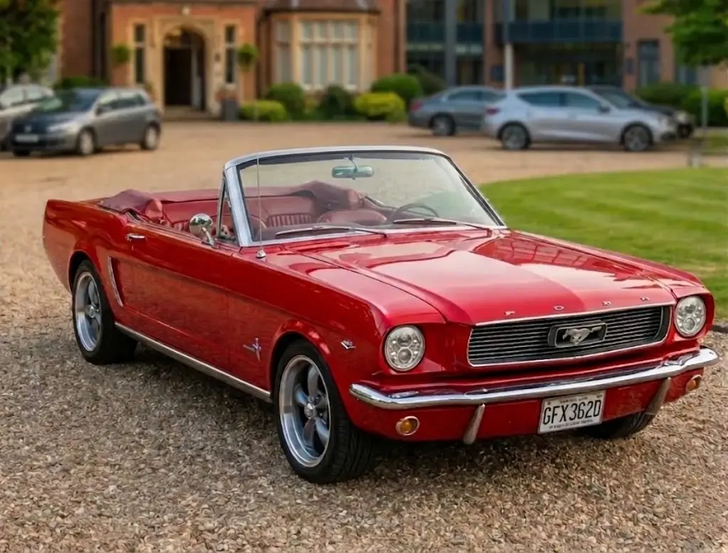 Red 1966 Ford Mustang convertible parked on gravel in front of a country hotel