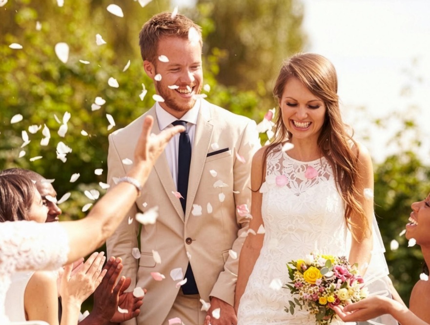 Wedding couple beside a vintage convertible
